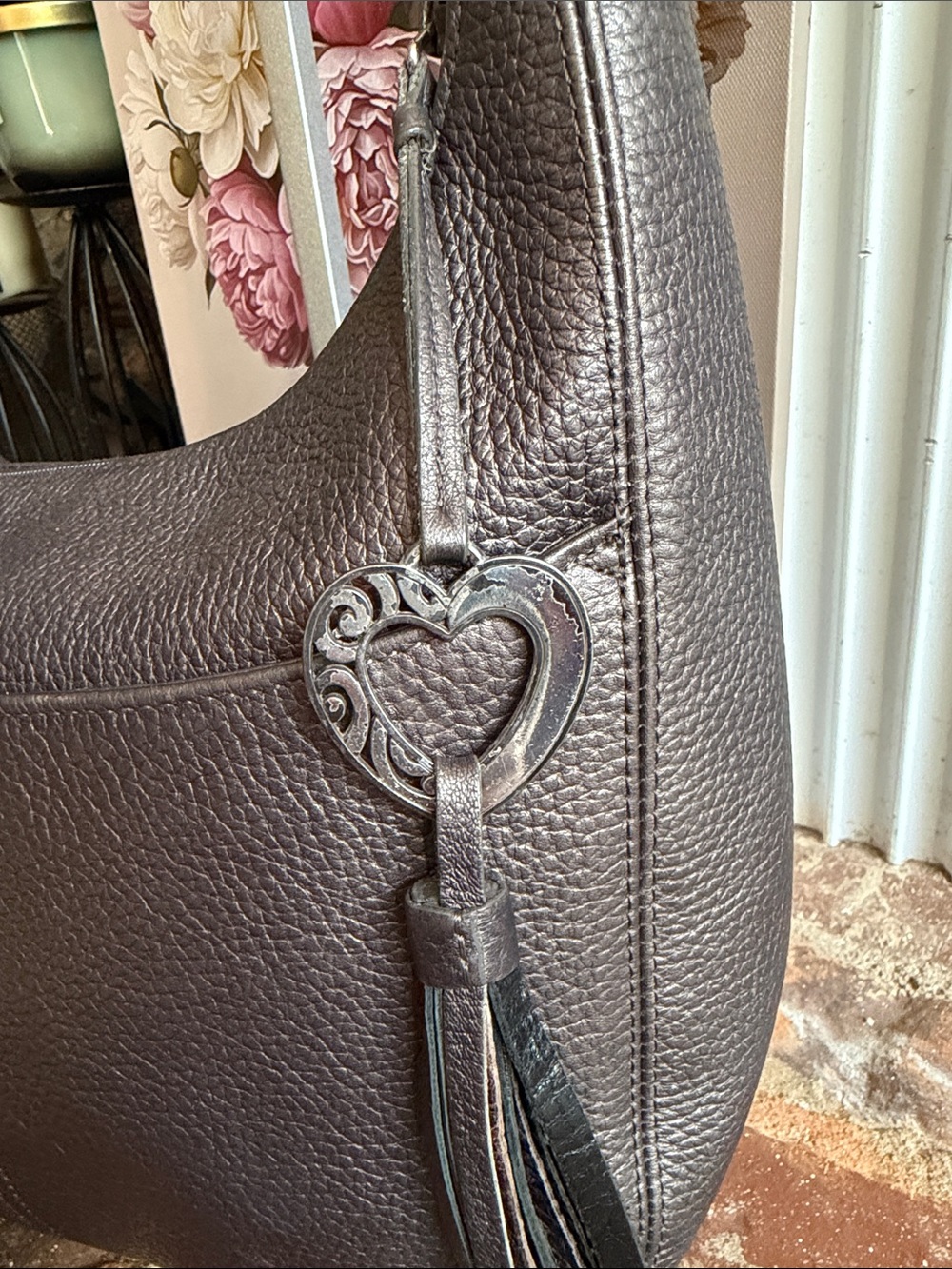 Brighton Dark Brown Pebbled Leather Braided Shoulder Hobo Bag Heart Tassel - Picture 4 of 9